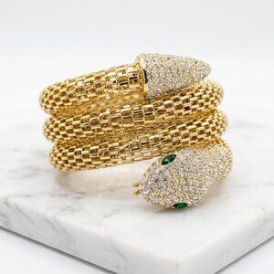 Gold Snake Coil Wrap Bracelet - Pave Rhinestones & Green Eyes - Statement Piece